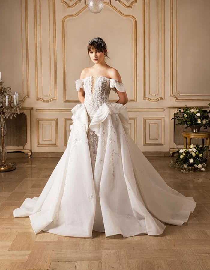 Saiid Kobeisy Off shoulder dress with ruffed tulle sleeves